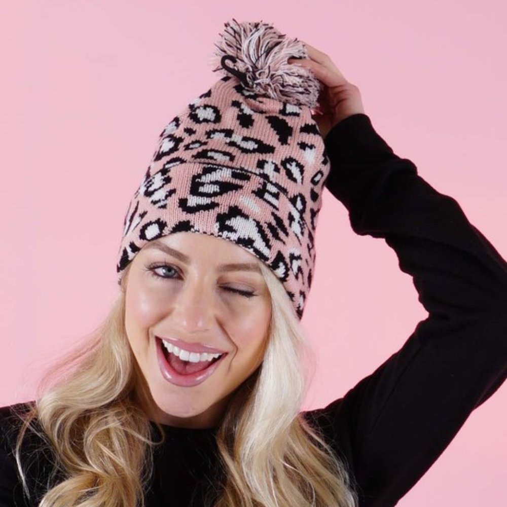 LEONA Pink Leopard Pom Pom Beanie - Picture 3 of 4
